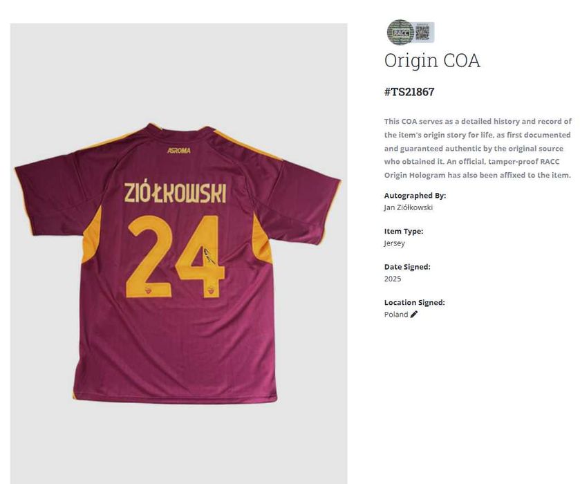 Jan Ziółkowski AS Roma koszulka z autografem + certyfikat autentycznoś