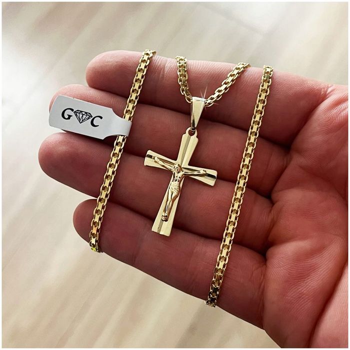 Pozłacany Łańcuszek Męski Bismark + Krzyżyk, Srebro Próba 925/585 + Gr