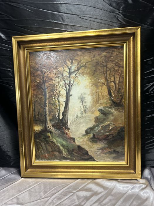 Obraz – pejzaż – olej na desce – złota drewniana rama
