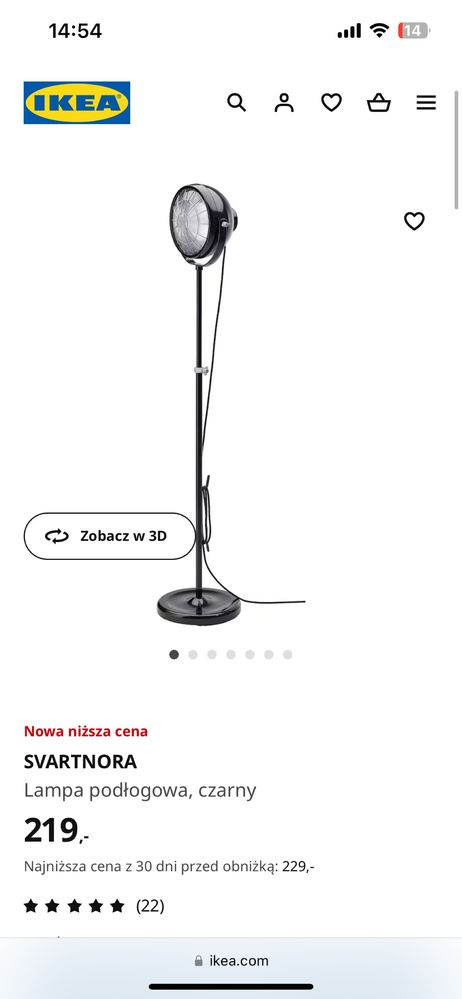 Lampa podłogowa SVARTNORA Ikea - loftowa