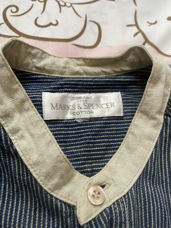 Granatowo-beżowa koszula w paski bez kołnierzyka Marks&Spencer XL/42