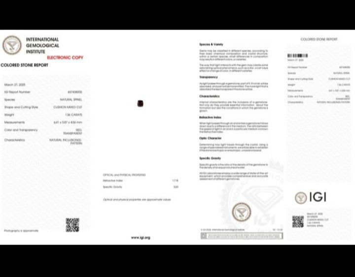 Espinélio natural vermelho 1.39cts certificação gemológico IGI