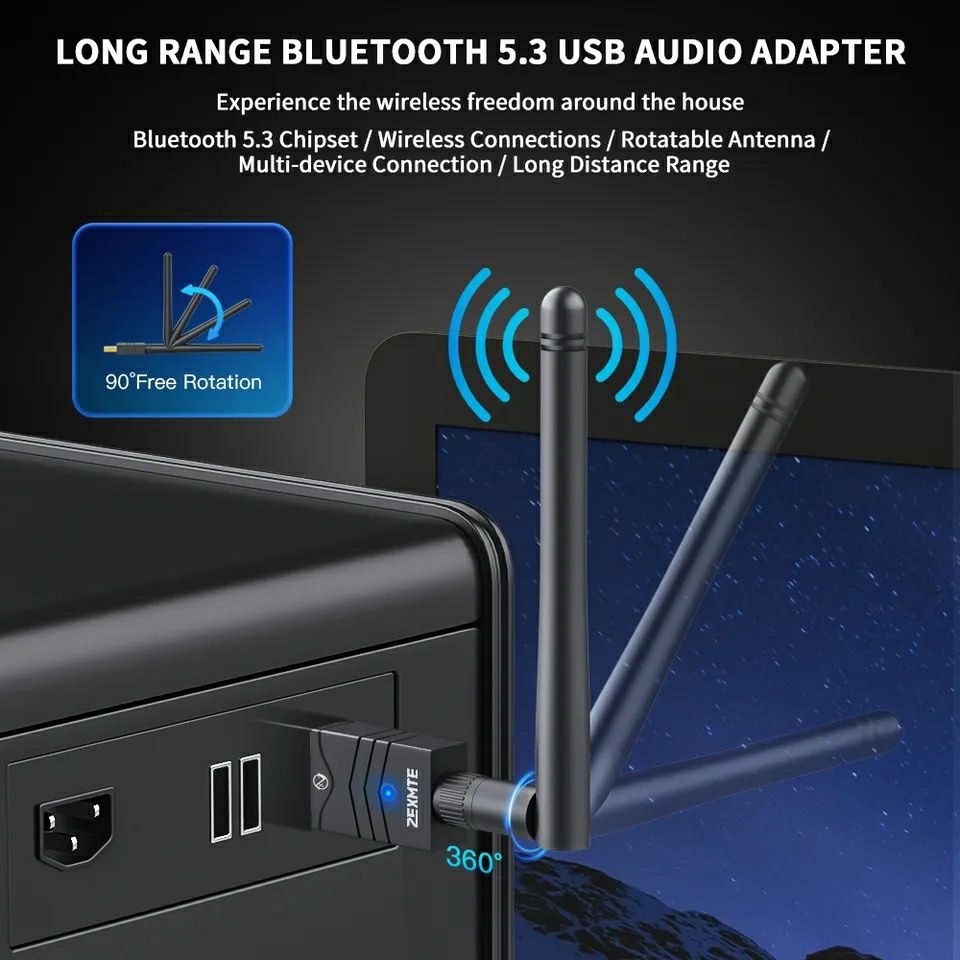 USB Bluetooth 5.3 адаптер із потужною зовнішньою антеною ZEXMTE BT5.3