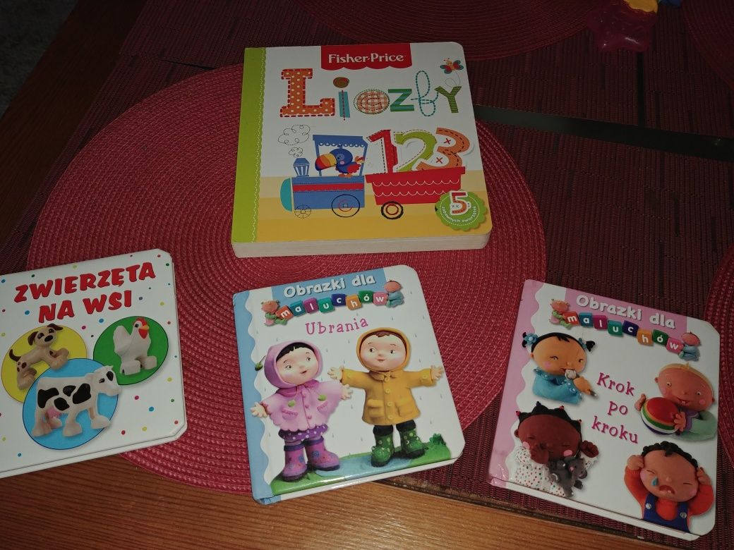 Cztery książeczki dla dziecka m.in. Fisher Price obrazki dla maluchów