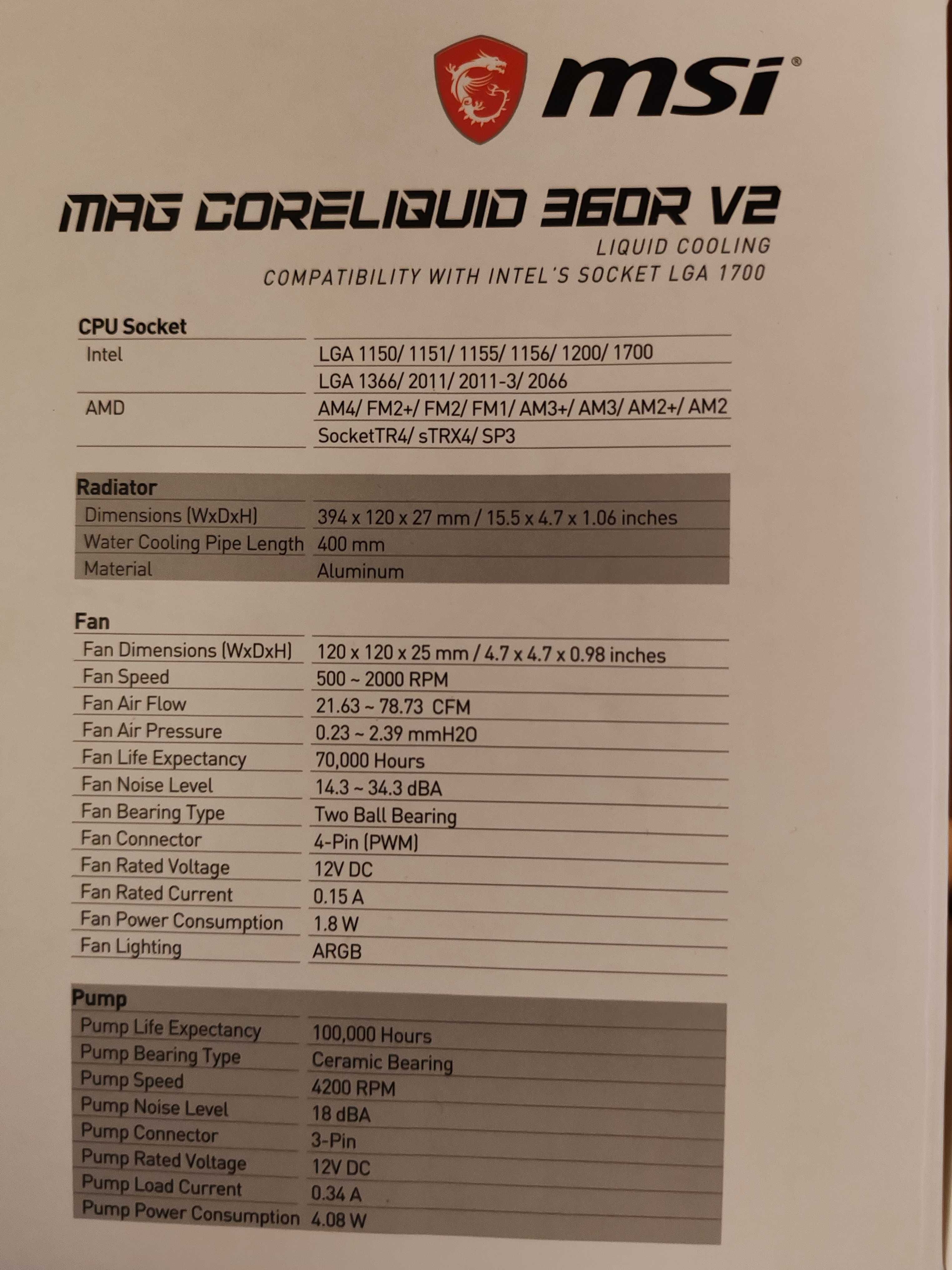 Chłodzenie wodne MSI MAG CoreLiquid 360R V2