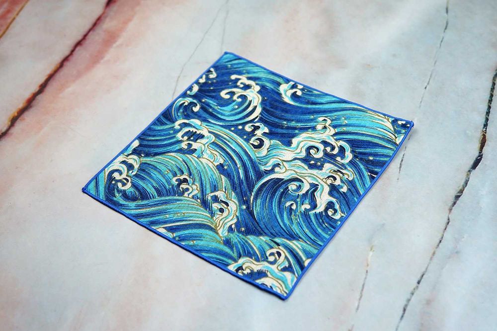 Poszetka męska wielka fala w Kanagawie chusteczka garnitur len lniana