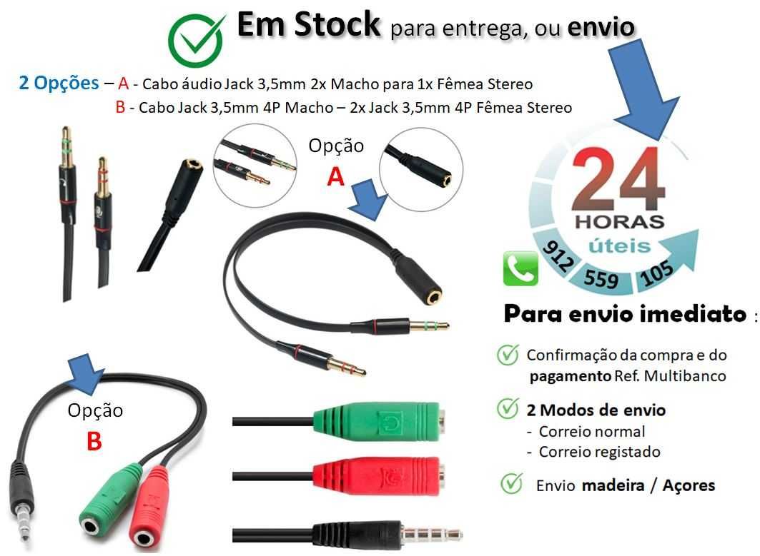 2 Opções - Cabo audio Jack 3,5mm Macho para 2x Femea Stereo (15cm)