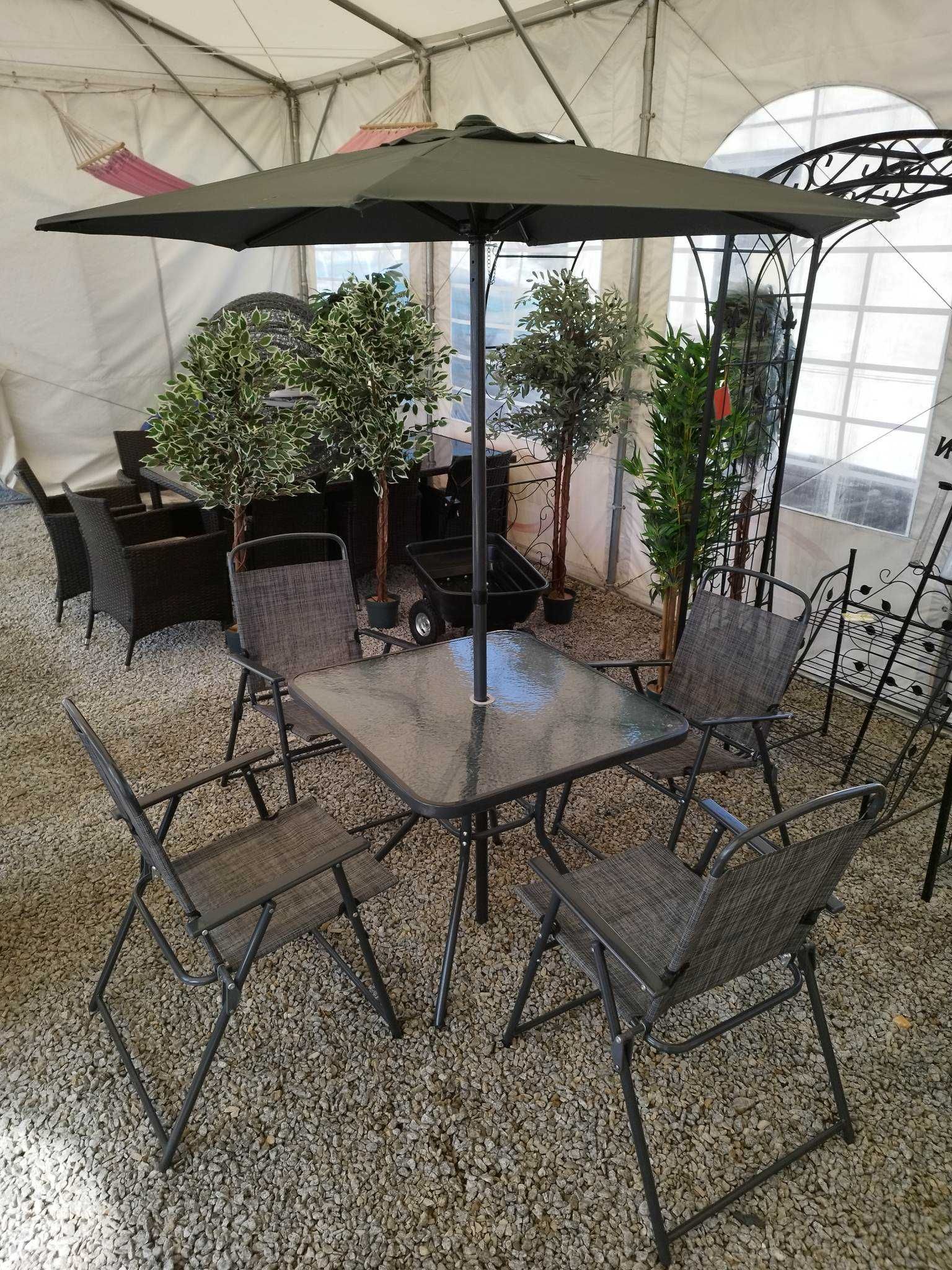 Zestaw mebli ogrodowych stół 4 krzeseł parasol WYPRZEDAŻ EKSPOZYCJI