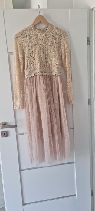 Wizytowa sukienka koronkowa z tiulem beżowa Wesele Andrzejki Sylwester