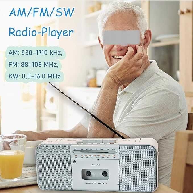 Odtwarzacz Kasetowy Retro USB/Bluetooth/AM/FM Przenośny Odtwarzacz MP3