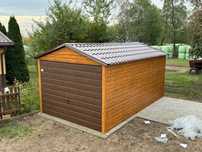 Garaż blaszany 3x5m, dwuspadowy, złoty dąb + orzech, blachodachówka