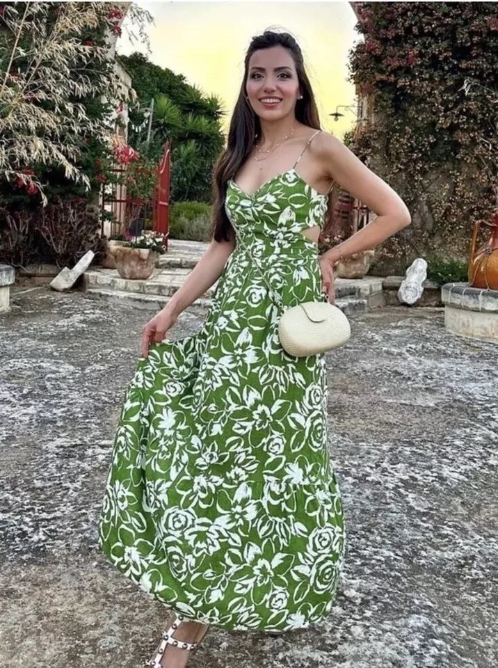 Zielona sukienka ZARA XS 34 wyciecia lato wakacje maxi lniana len