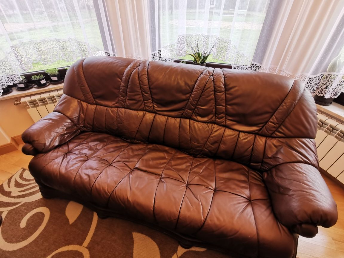 Zestaw wypoczynkowy sofa + 2 fotele skóra naturalna brąz drewno dębowe