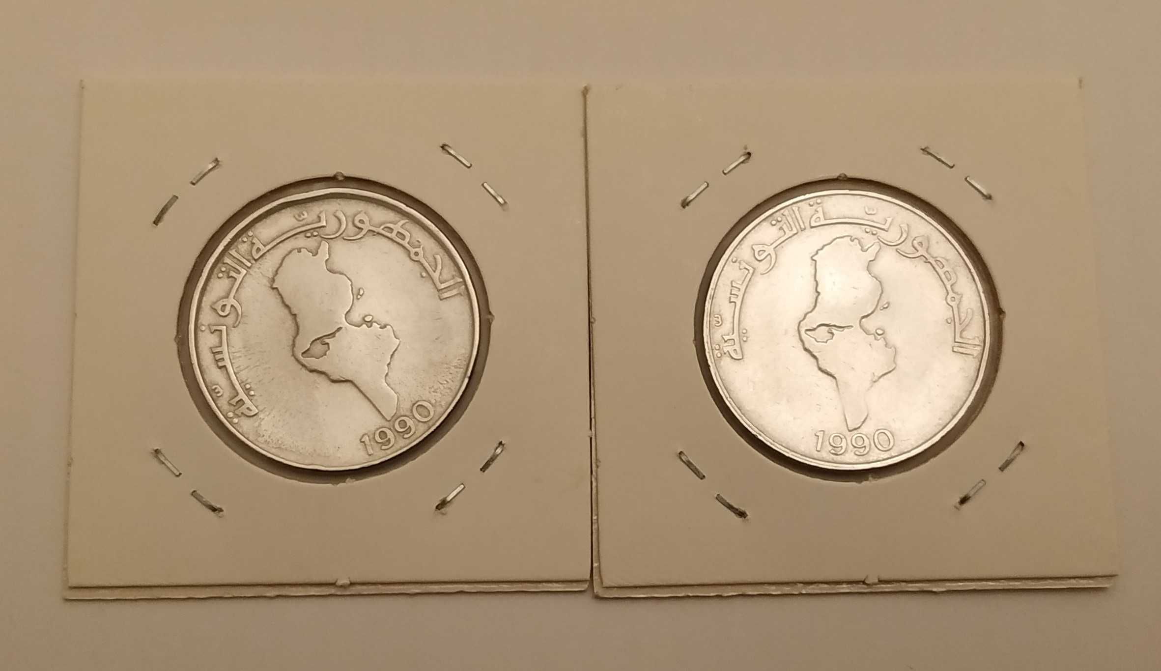Tunisia 1 dinar 1990 (duas moedas, uma com eixo deslocado)