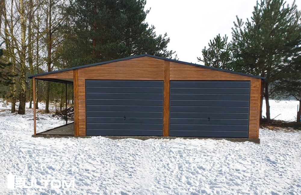 Garaż blaszany drewnopodobny z wiatą profil zamknięty