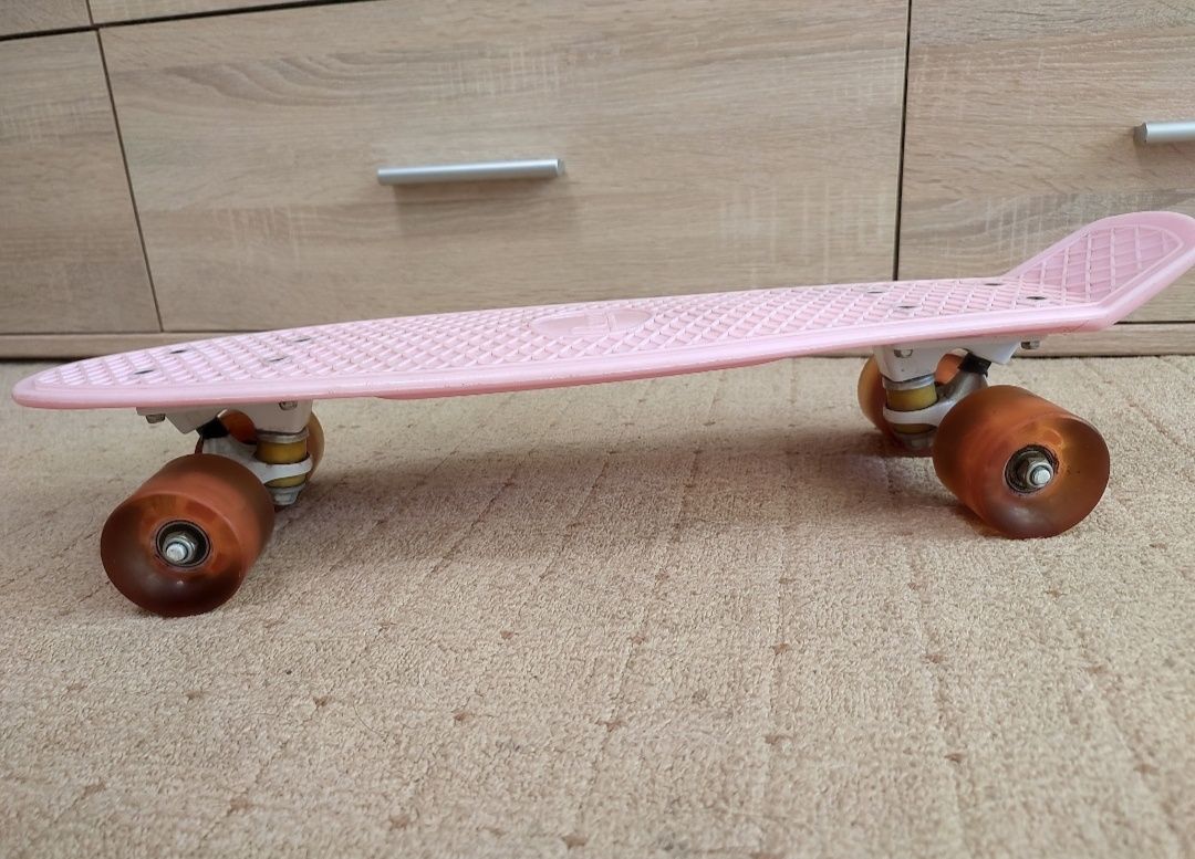 Пеніборд рожевий/ penny board pink/ скейт, сяючі колеса/різнокольорові