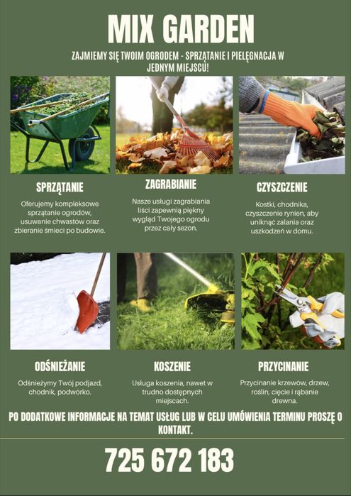 Prace ogrodowe, odśnieżanie