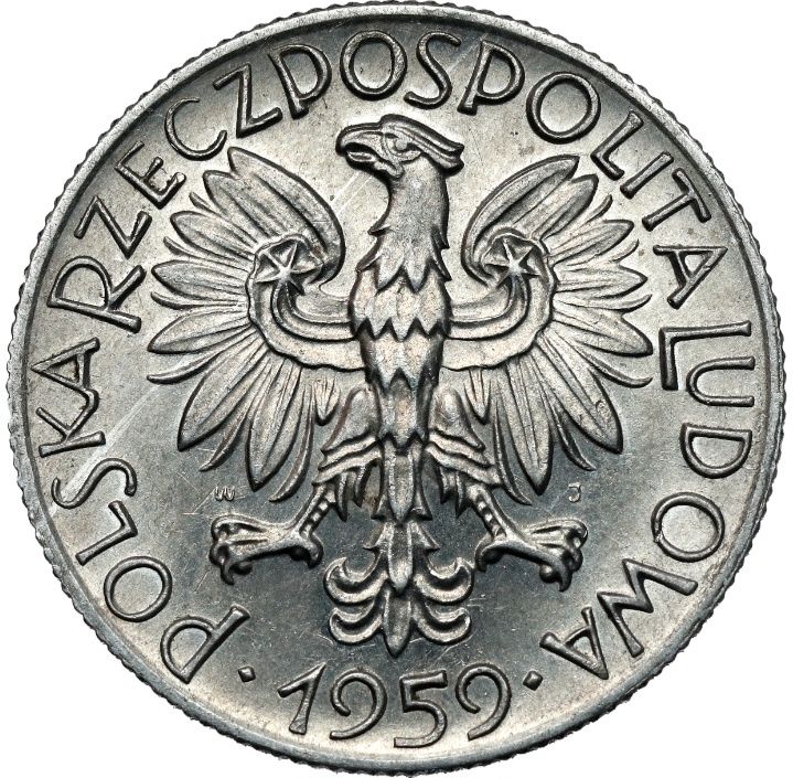 5 zł., złotych Rybak 1959. Podwójne Słoneczko. RRR!