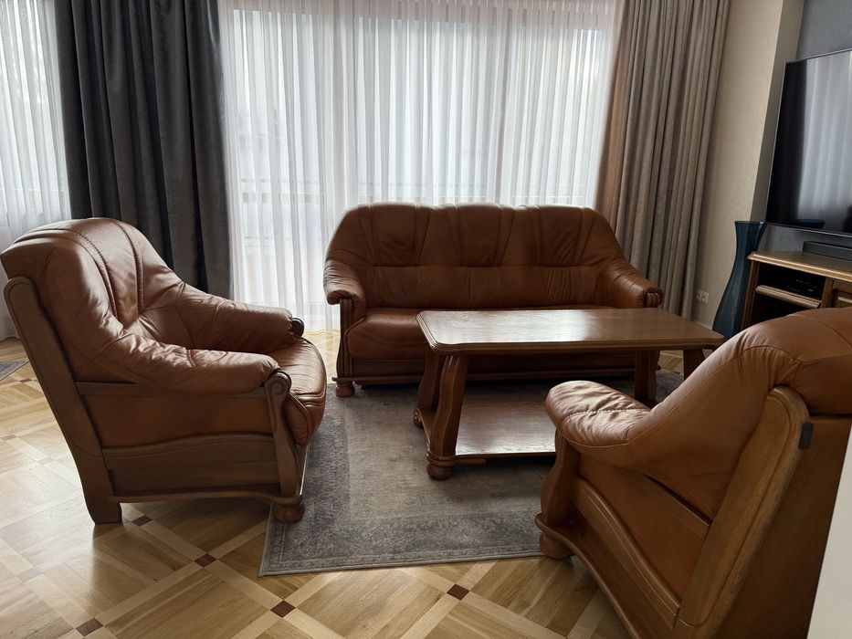 Zestaw wypoczynkowy 3+1+1 skóra naturalna + ława | funkcja spania