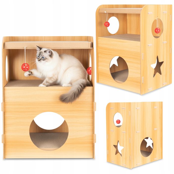 Drapak dla kota domek legowisko z zabawką ekologiczny MDF piętrowy