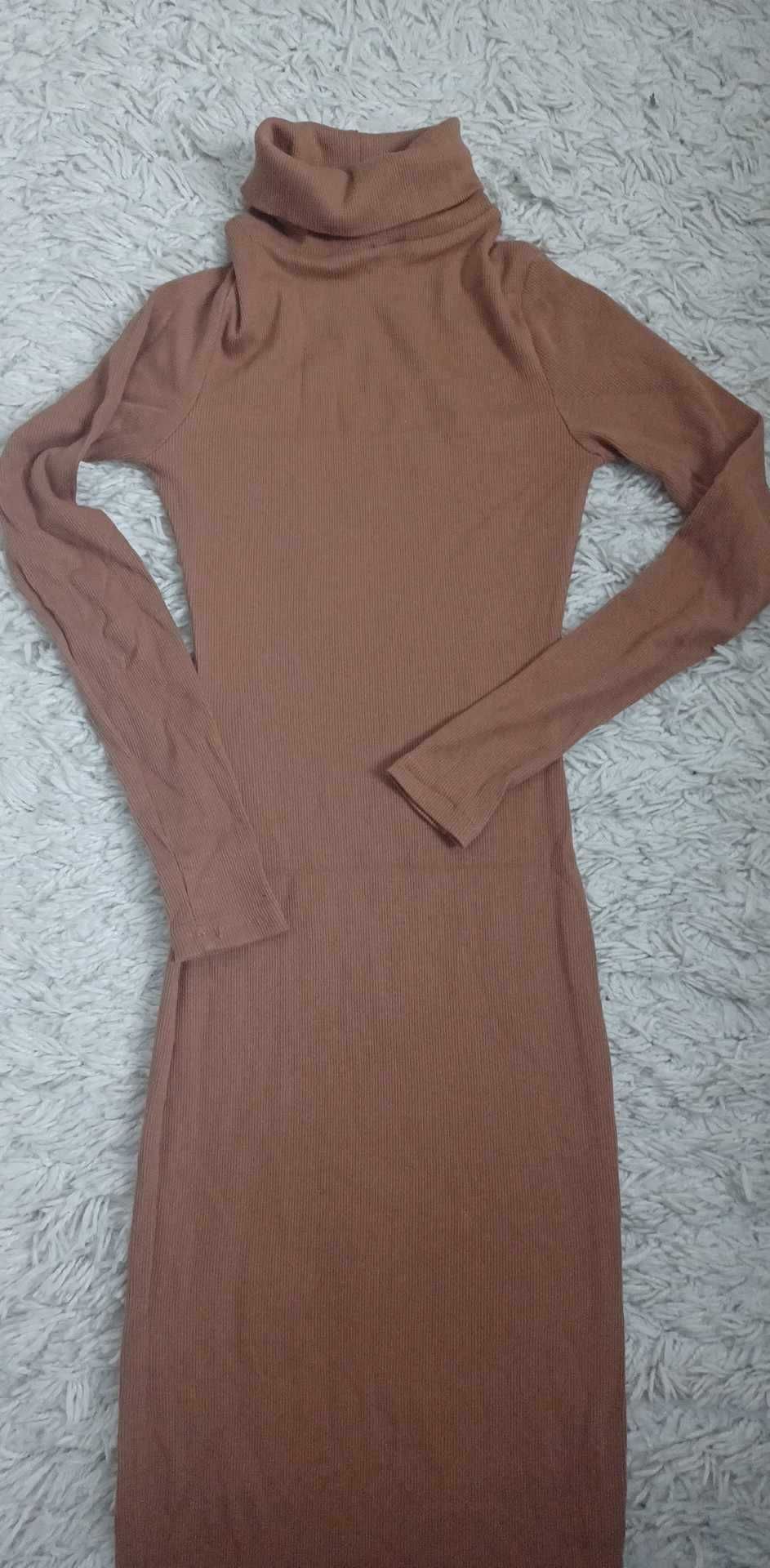 Sukienka prazkowana camel karmelowa xs s wassyl midi golf z golfem