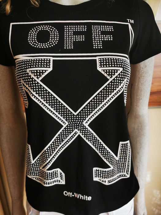 Nowy t shirt damski Off White w kolorze czarnym z cyrkoniami