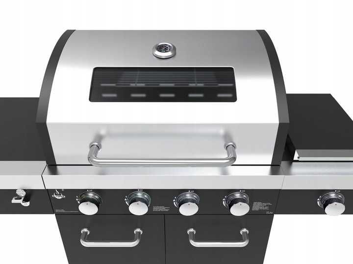 SOLIDNY Grill Gazowy 4+1 Żeliwny Ruszt + LED + POKROWIEC+ SZYBA 42KG %