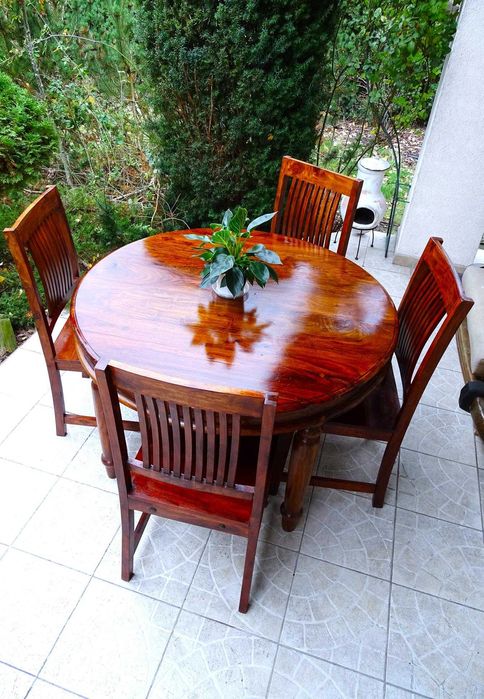 Stół drewniany indyjski - 120 cm + 4 stylowe krzesła - AlmiDecor