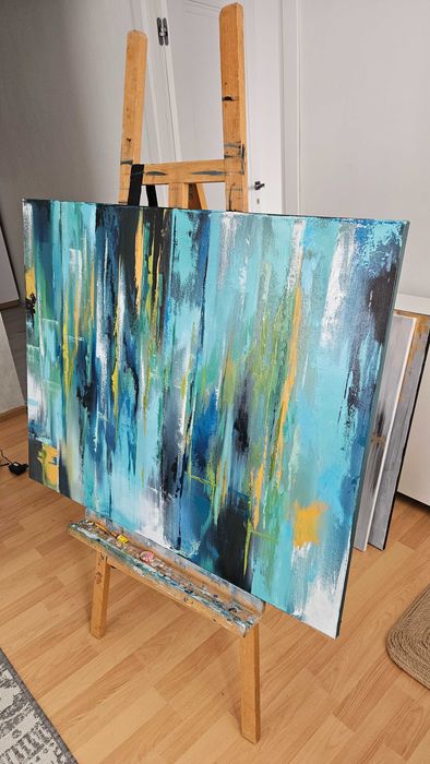 Картина 100/80 масло холст абстракция интерьерная бирюза вода лофт