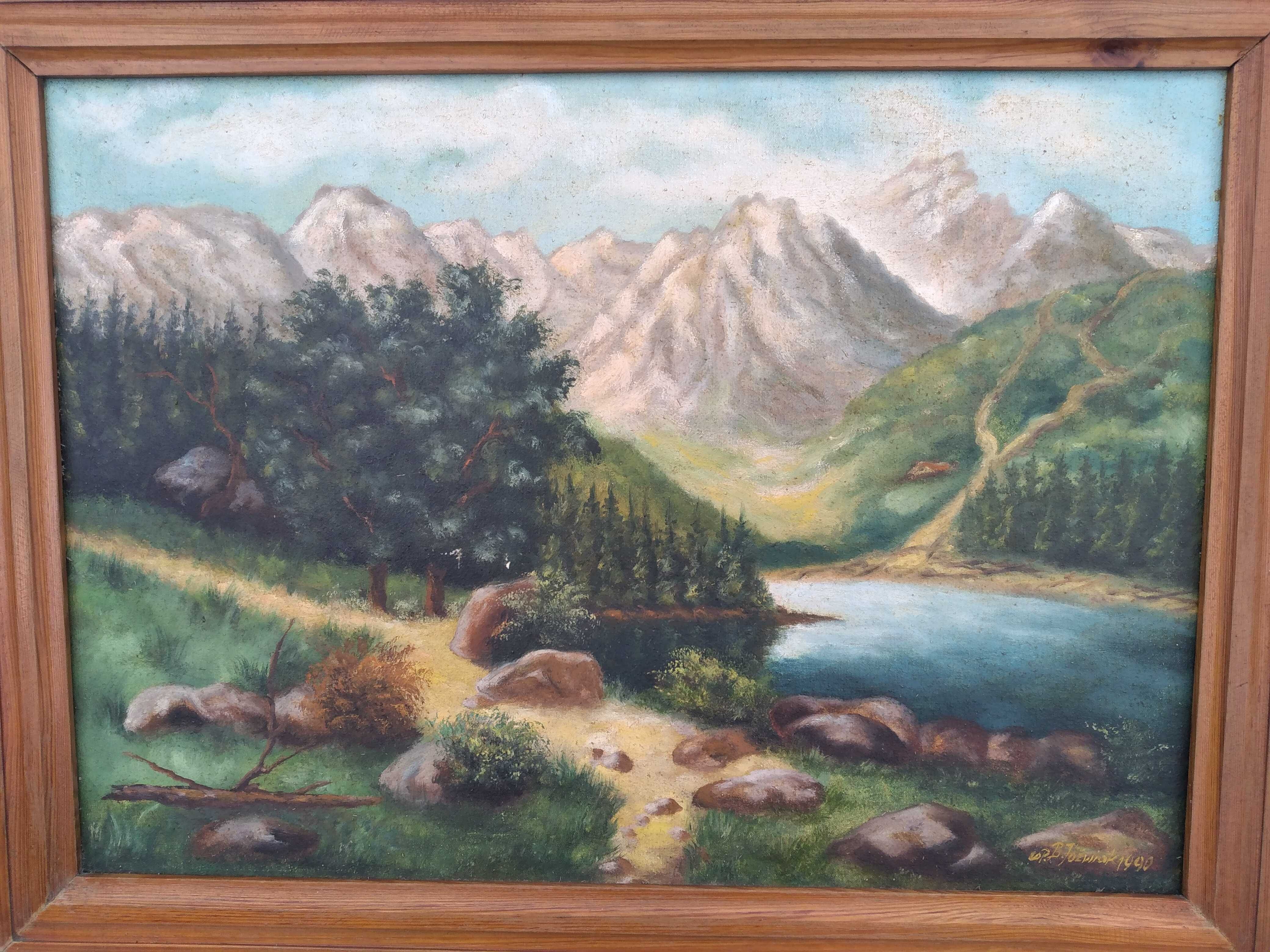 Obraz sygnowany recznie malowany rama lite drewno