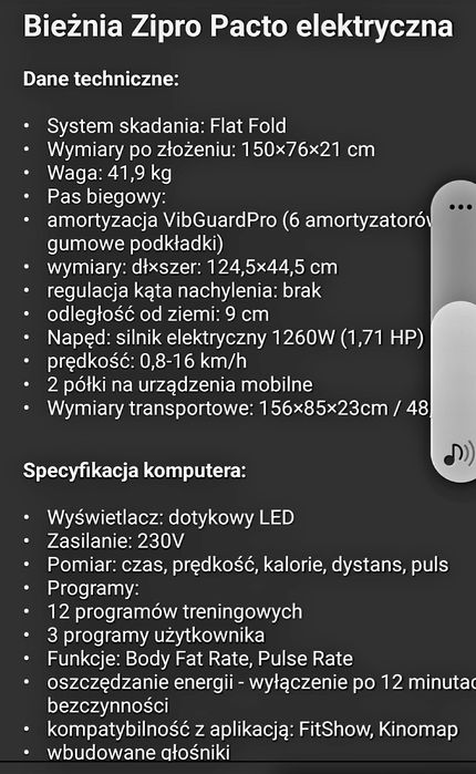 Bieżnia Domowa Elektryczna Składana FitShow  Bluetooth Pacto Zipro