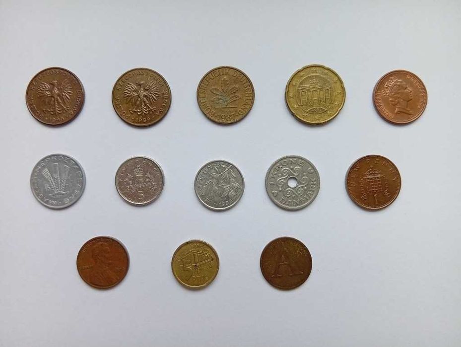 zestaw zbiór monet prl (13 monet) niemcy, dania, hiszpania, uk itp