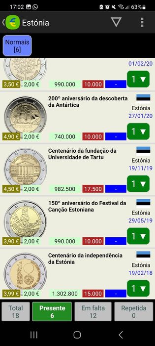 35 moedas UNC comemorativas 2 euros