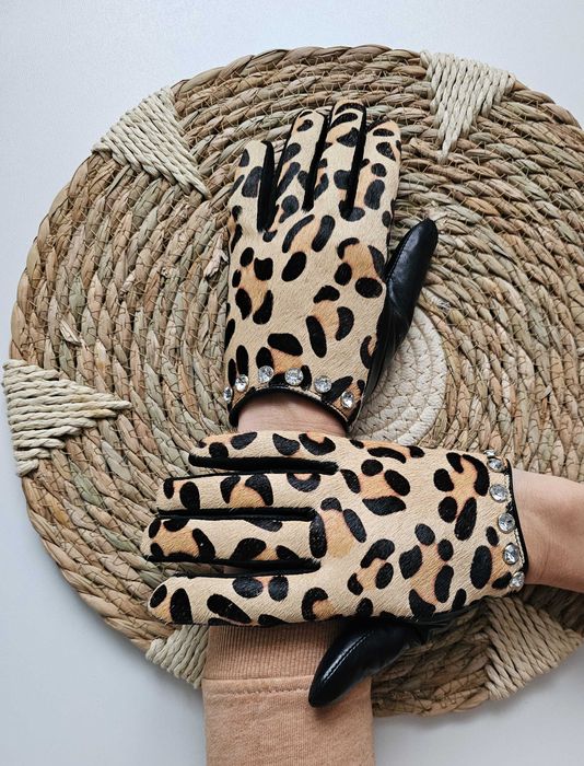 Dune London eleganckie skórzane rękawiczki wzór panterka kryształki SM