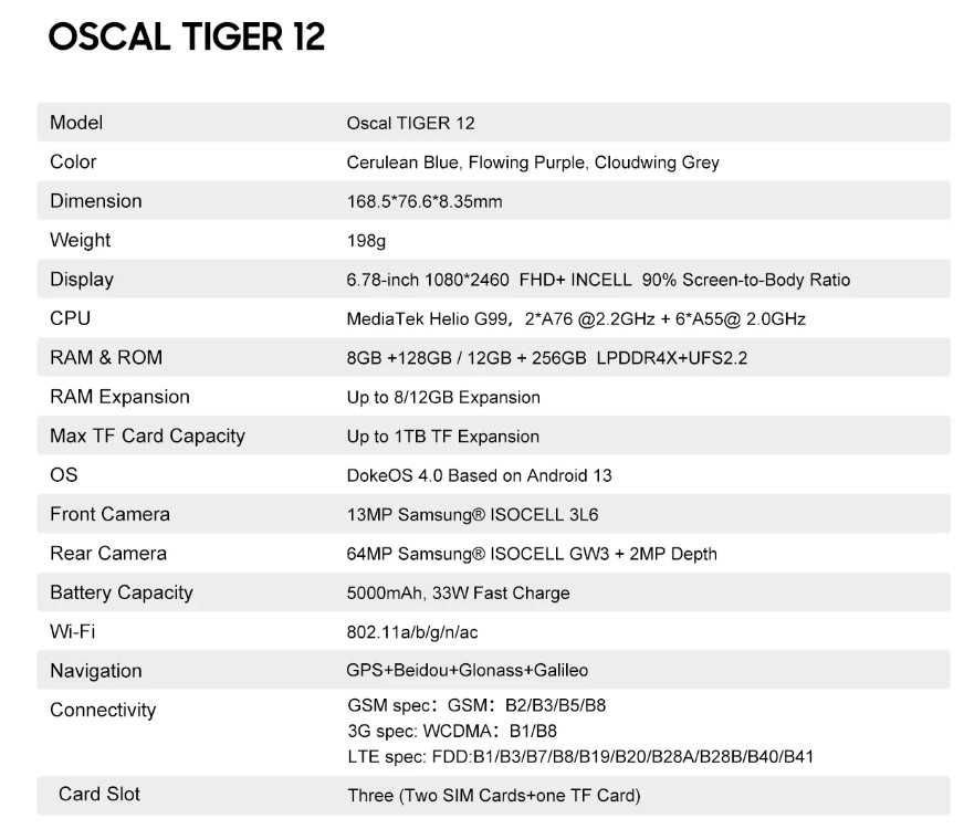 OSCAL TIGER 12  Helio G99 6.78'' 120Hz 2.4K  8/128GB 64MP 5000mAh NFC