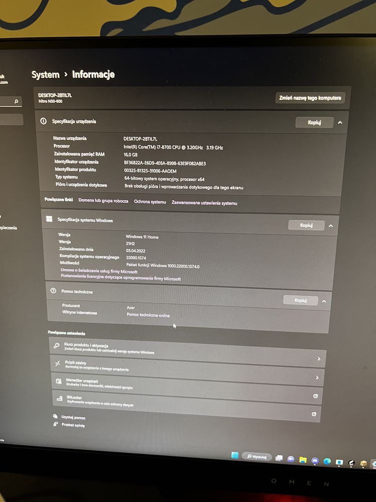 Komputer gamingowy Acer Nitro N50-600 i7 16GB GTX1050Ti Win11