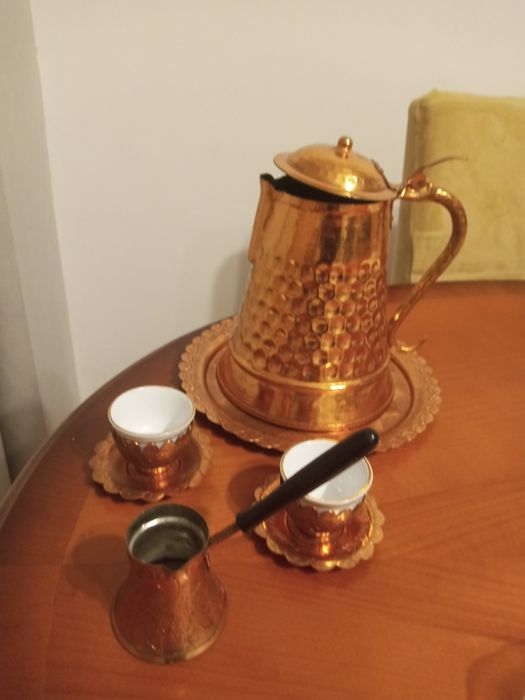 Turecki miedziany zestaw do kawy dzban filizanki tygielek
