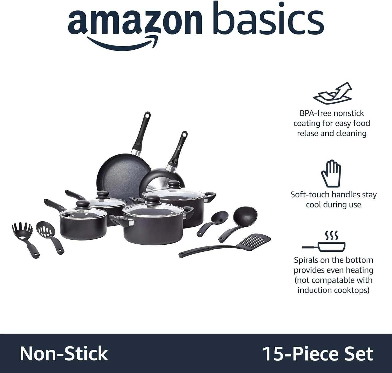 Amazon Basics 15-Częsciowy ZestawGarnków,Patelni,Przyborów Kuchennych