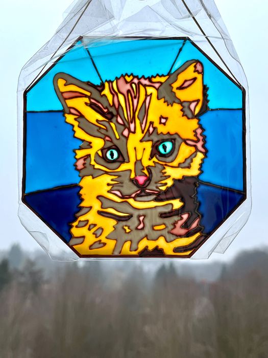 Obrazek witraż kotek kot na szkle malowany rękodzieło vintage