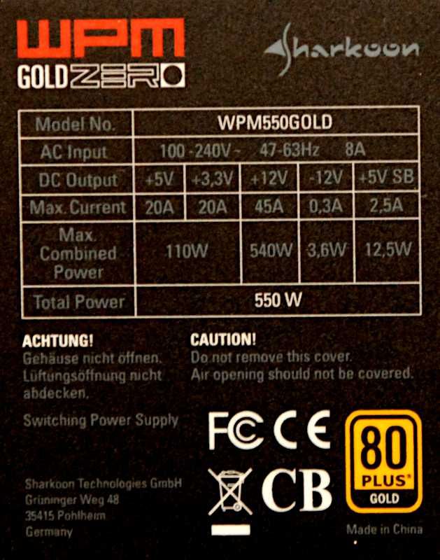 Zasilacz ATX Sharkoon WPM 550 Gold Zero, gwarancja