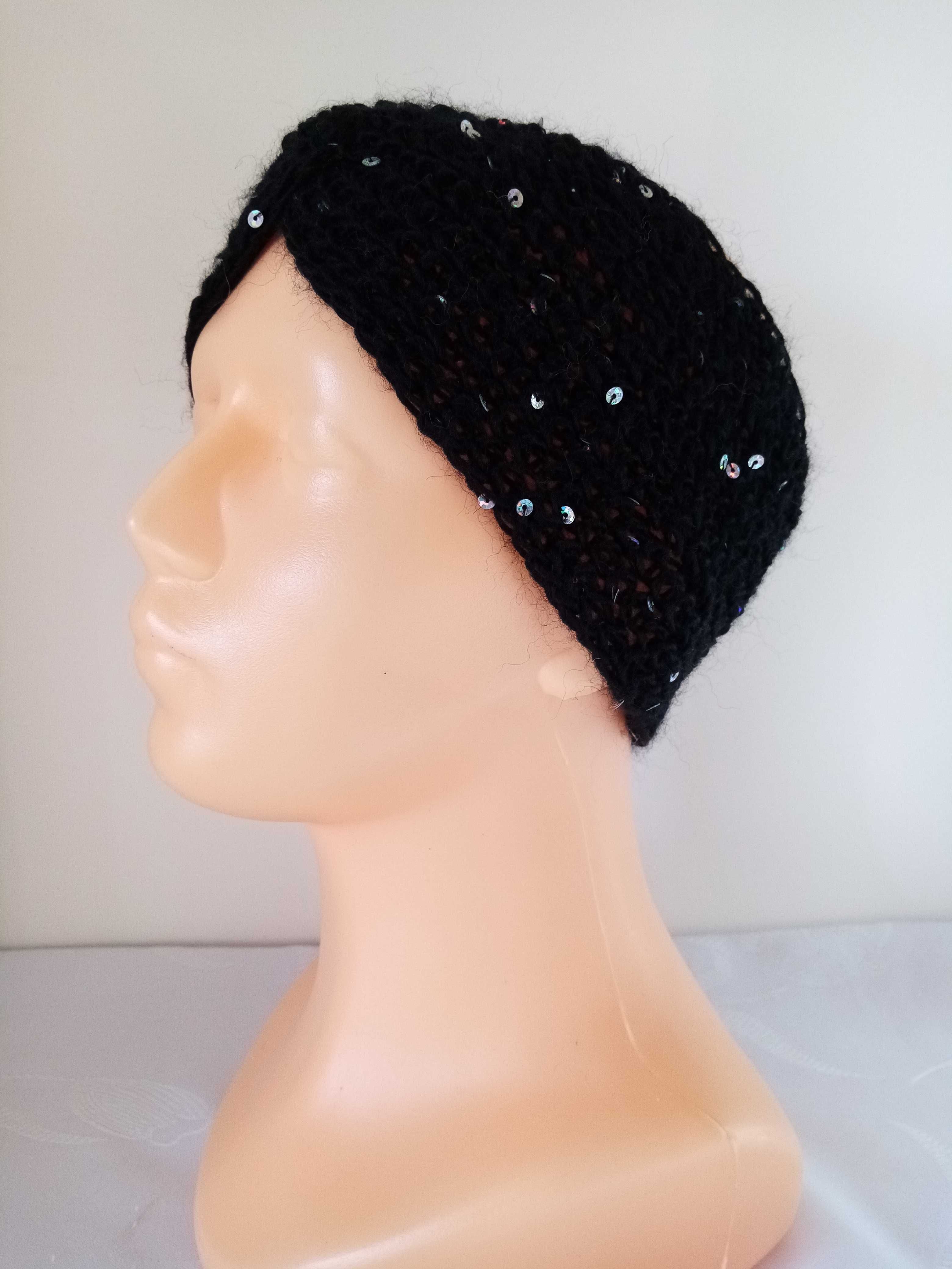 Damska elegancka czarna opaska z cekinami; turban