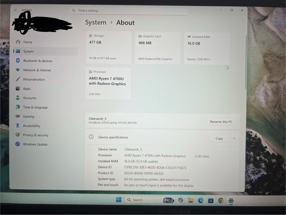 Ноут бук Asus VivoBook AMD Ryzen 7 4700U/RAM 16gb/SSD 512gb