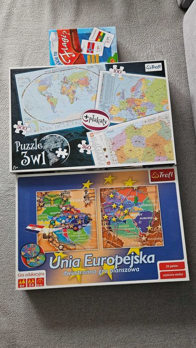 Zestaw: gra edukacyjna Unia Europejska i puzzle 3 mapy, gra Flagi
