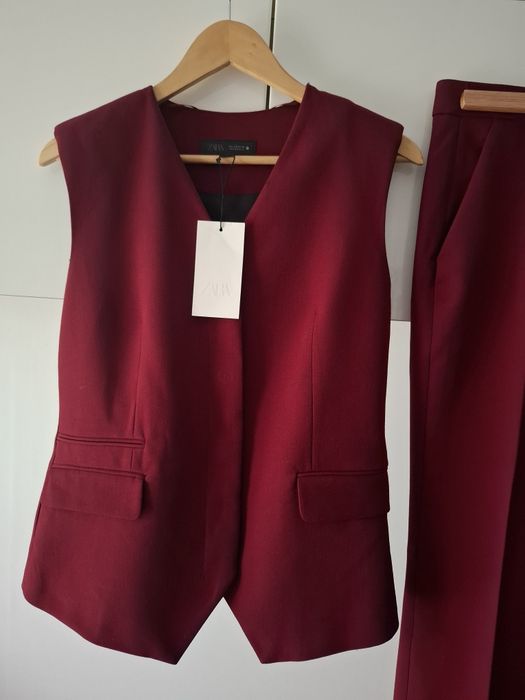 Garnitur elegancki bordowy kamizelka spodnie  S, M