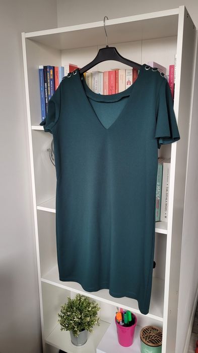 Sukienka letnia krótka mini krótki rękaw nowa ciemnozielona zdobione