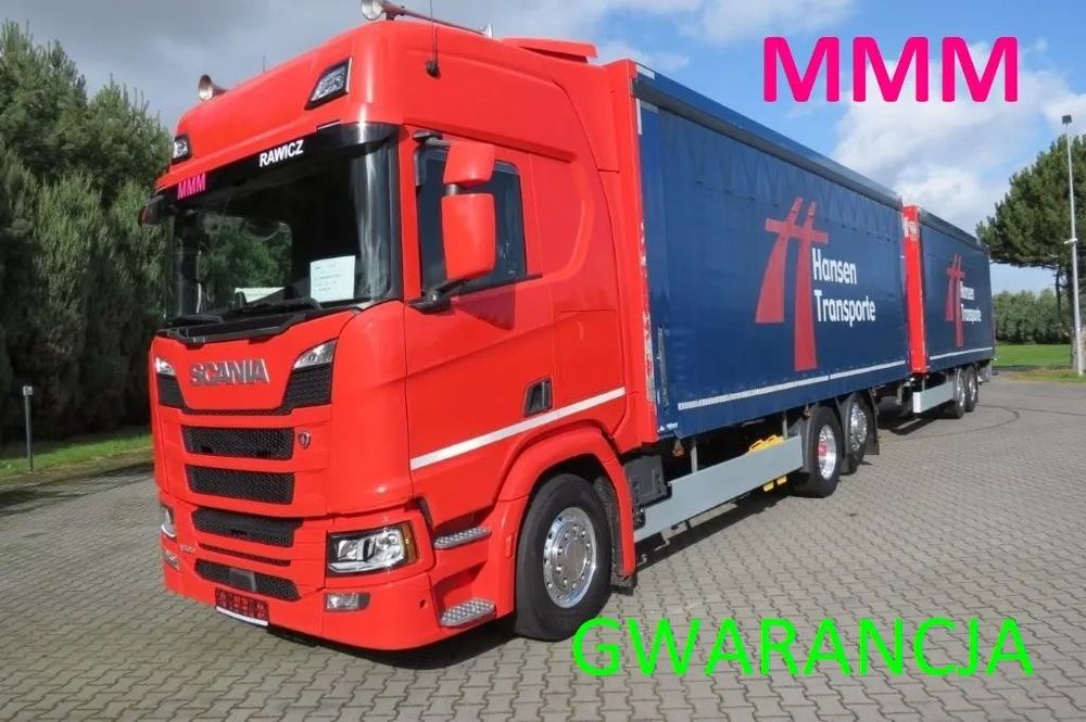 Scania ZESTAW SCANIA R500 ACC PLANDEKA FIRANA WINDA VOLL WYPOSAŻENIE OŚ  SKRĘTNA KLIMA POSTOJOWA TUV DO 04/26 SPROWADZONA Z DE  1. właściciel, 3 oś skrętna, przyczepa z roku 2012 rama ocynk,