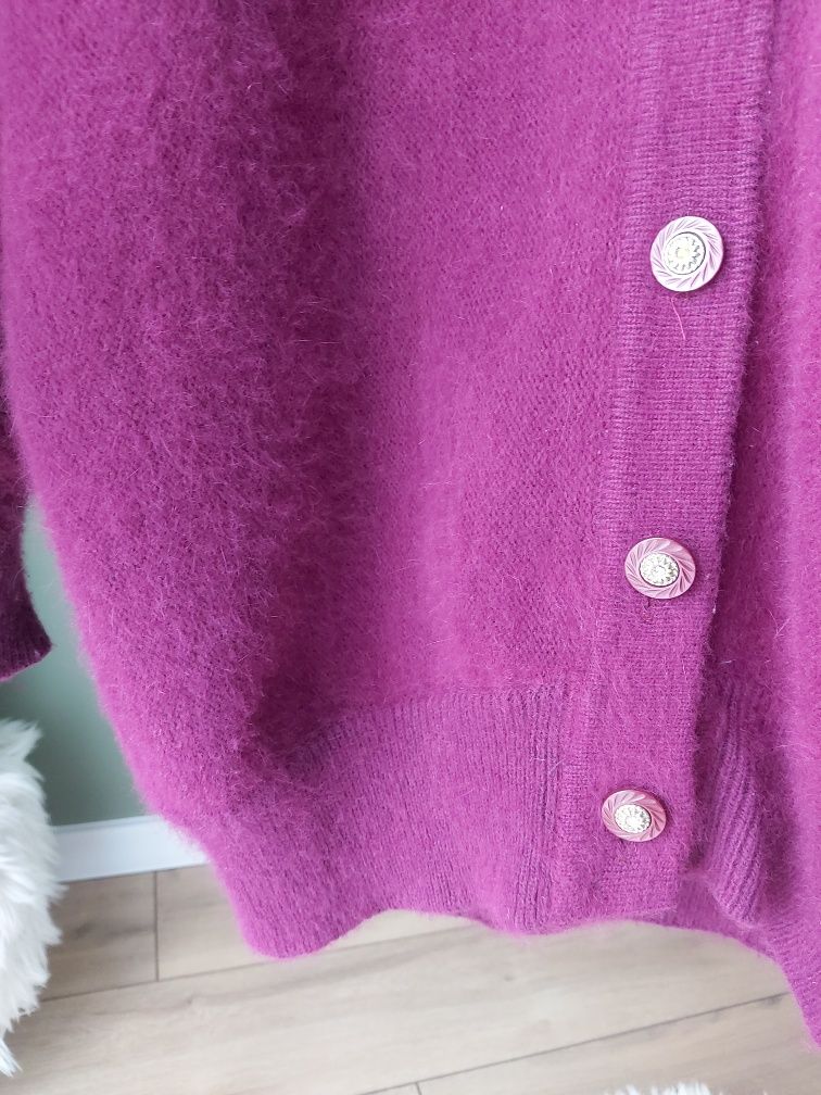 Vintage Uroczy sweter kardigan damski śliwkowy 80% Angora  M/ L