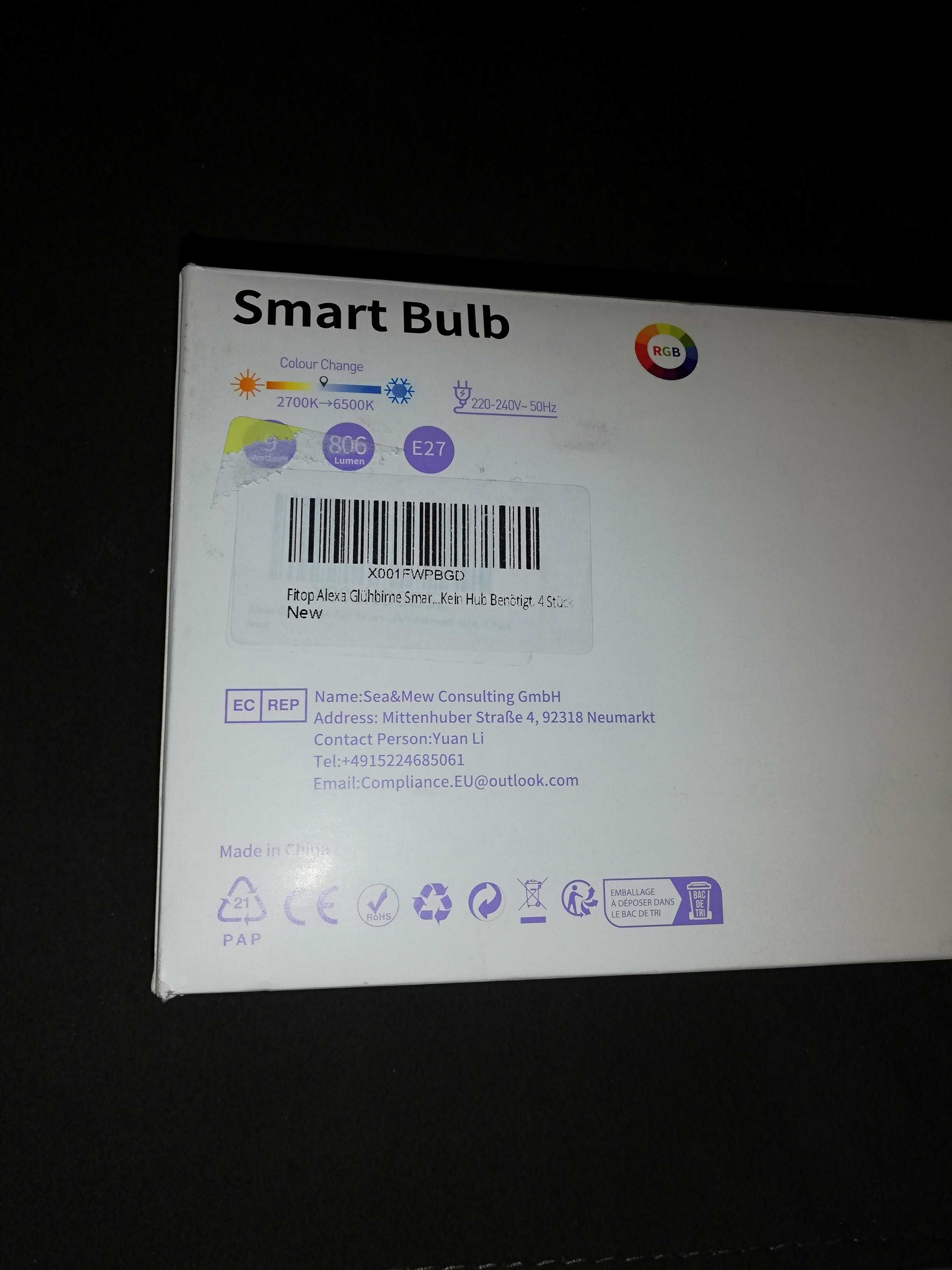 Smart Bulb Żarówka E27 LED 4 sztuki 9 W, RGB kompatybilna z Alexa.