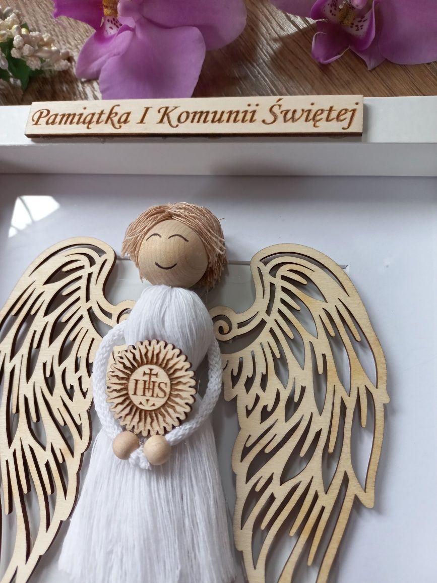 Personalizowana ramka anioł stróż prezent komunia chrzest makrama