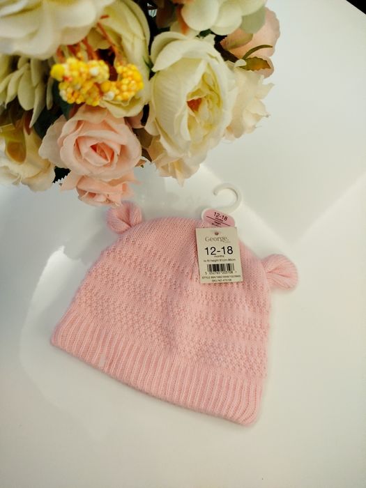 Jesienno zimowa rozowa czapeczka z uszkami 80-86